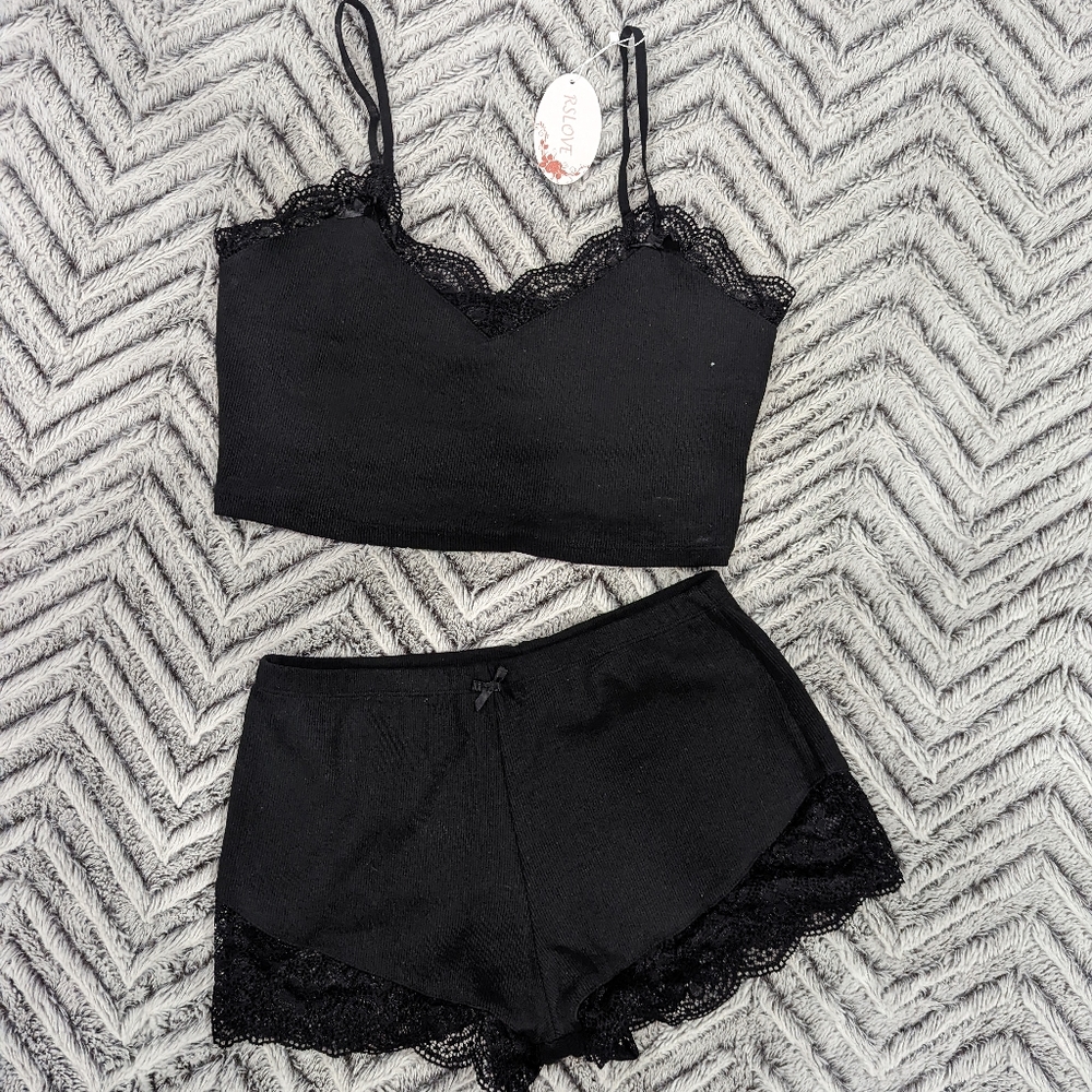Casual black lace pajama set